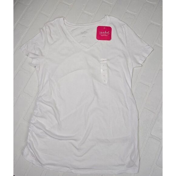 Isabel Maternity White V-Neck Side cinched Top Large - Picture 1 of 2
